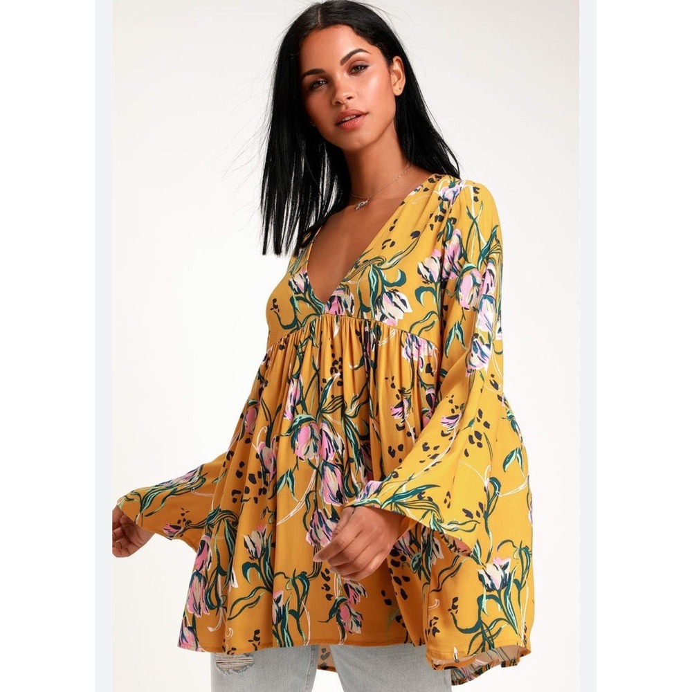 Free People Mustard Yellow Floral Bell Sleeve Babydoll Tunic Top Boho Small
